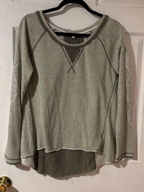 Miss Me Olive Green Long Sleeve Top with Embroidered Silver Studded Sleeves